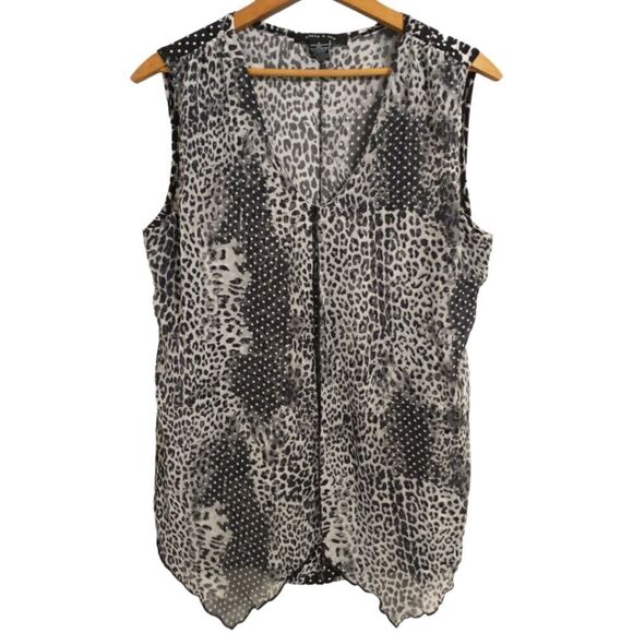 Adele May Top Large Blouse Sleeveless Animal Print Flowy Sheer Mixed Media Tunic - Picture 2 of 16